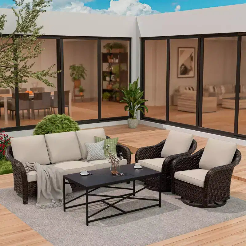Ensemble de jardin extérieur: canapé 3 places, 2 fauteuils berçants pivotants et table basse pour un confort par tous – Sanzelize Design