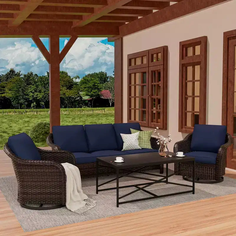 Ensemble de jardin extérieur: canapé 3 places, 2 fauteuils berçants pivotants et table basse pour un confort par tous – Sanzelize Design