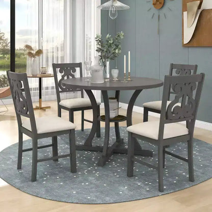 Ensemble de salle à manger rond 5 pièces en bois avec pieds de forme spéciale et dossier de chaise évidé au design – Sanzelize Design