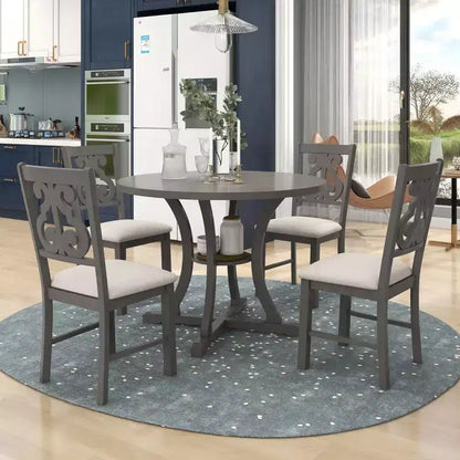 Ensemble de salle à manger rond 5 pièces en bois avec pieds de forme spéciale et dossier de chaise évidé au design – Sanzelize Design