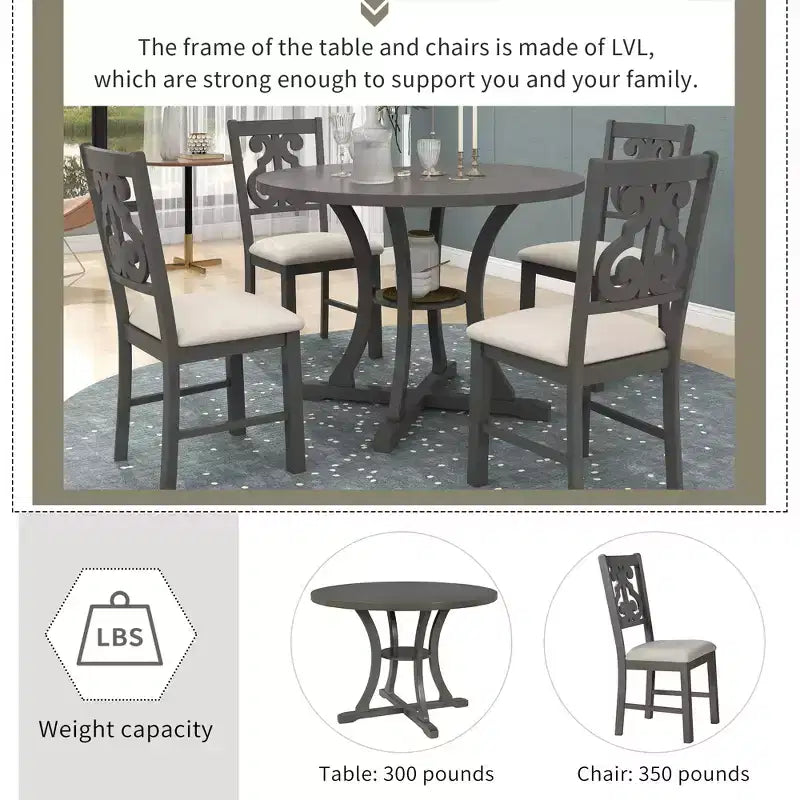 Ensemble de salle à manger rond 5 pièces en bois avec pieds de forme spéciale et dossier de chaise évidé au design – Sanzelize Design