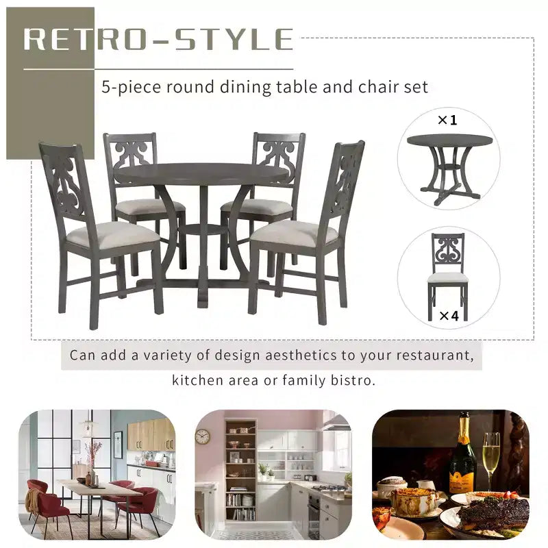 Ensemble de salle à manger rond 5 pièces en bois avec pieds de forme spéciale et dossier de chaise évidé au design – Sanzelize Design