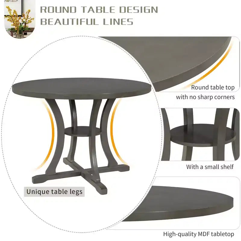 Ensemble de salle à manger rond 5 pièces en bois avec pieds de forme spéciale et dossier de chaise évidé au design – Sanzelize Design
