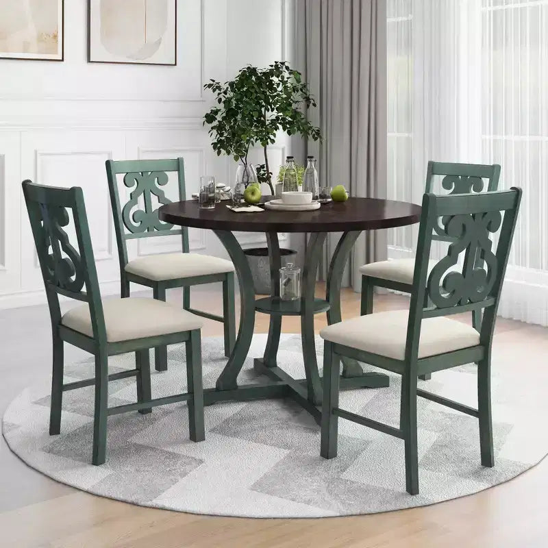 Ensemble de salle à manger rond 5 pièces en bois avec pieds de forme spéciale et dossier de chaise évidé au design – Sanzelize Design