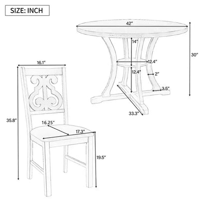 Ensemble de salle à manger rond 5 pièces en bois avec pieds de forme spéciale et dossier de chaise évidé au design – Sanzelize Design
