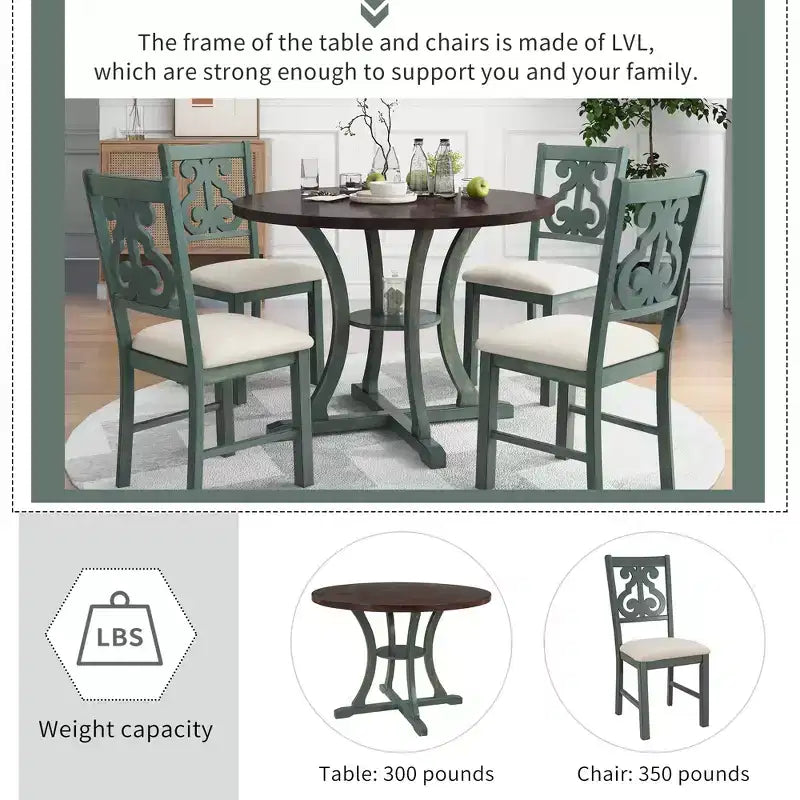 Ensemble de salle à manger rond 5 pièces en bois avec pieds de forme spéciale et dossier de chaise évidé au design – Sanzelize Design
