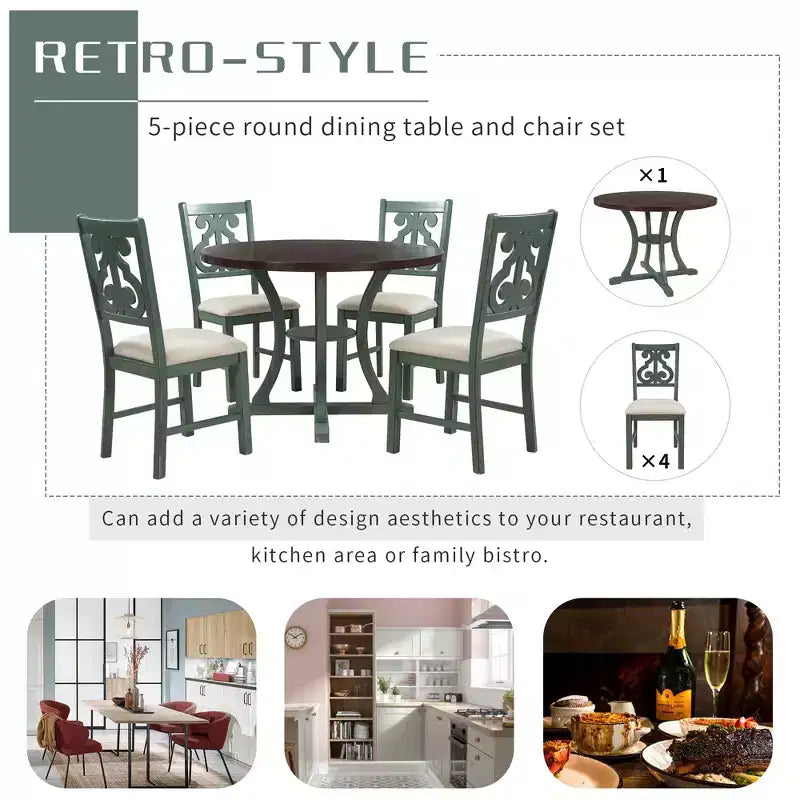 Ensemble de salle à manger rond 5 pièces en bois avec pieds de forme spéciale et dossier de chaise évidé au design – Sanzelize Design