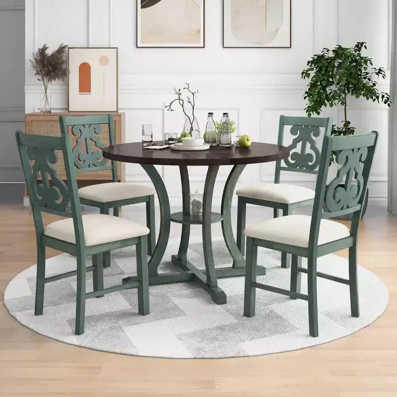 Ensemble de salle à manger rond 5 pièces en bois avec pieds de forme spéciale et dossier de chaise évidé au design – Sanzelize Design