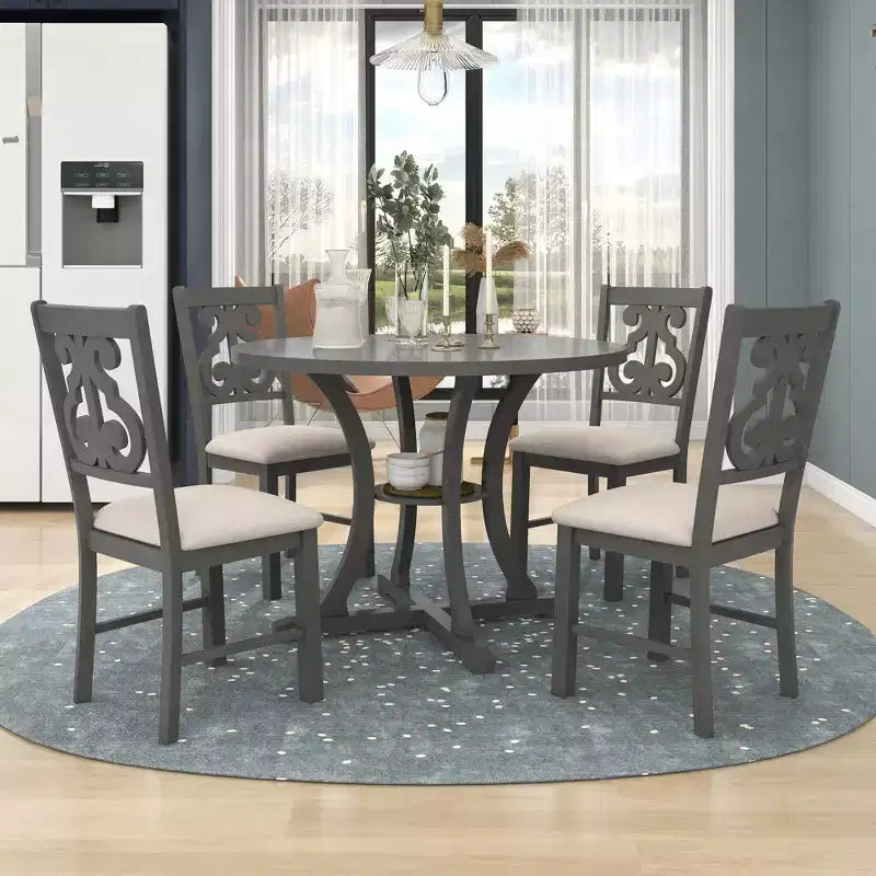 Ensemble de salle à manger rond 5 pièces en bois avec pieds de forme spéciale et dossier de chaise évidé au design – Sanzelize Design