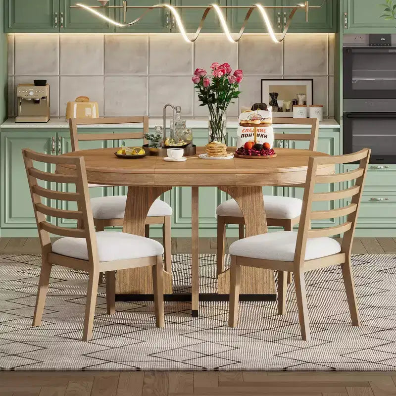 Ensemble de salle à manger rond extensible de ferme pour 4 personnes, table de cuisine ronde en bois avec rallonge – Sanzelize Design
