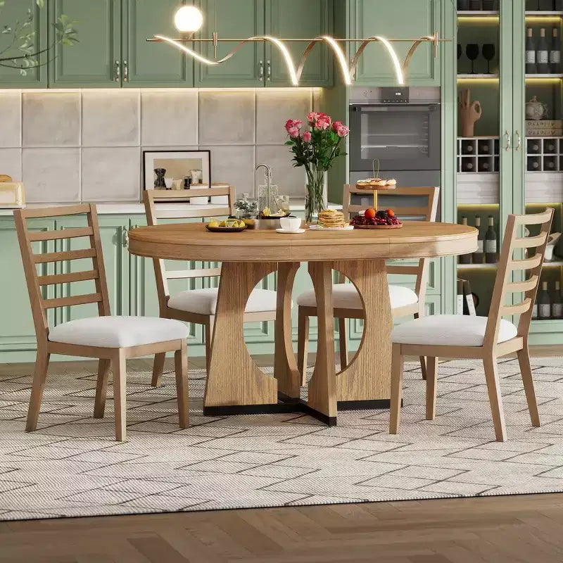 Ensemble de salle à manger rond extensible de ferme pour 4 personnes, table de cuisine ronde en bois avec rallonge – Sanzelize Design
