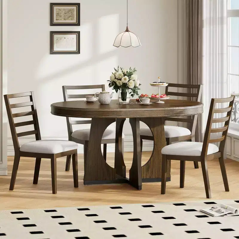Ensemble de salle à manger rond extensible de ferme pour 4 personnes, table de cuisine ronde en bois avec rallonge – Sanzelize Design