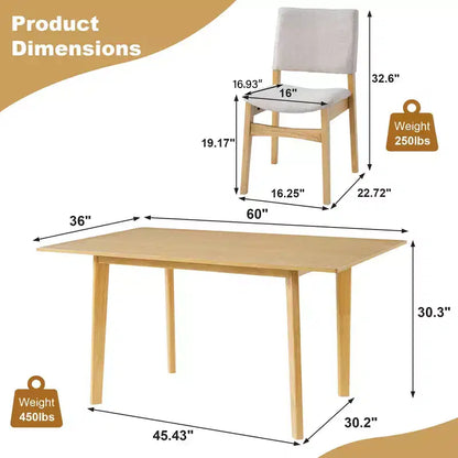 Crawford – Ensemble salle à manger moderne 5 pièces – Table rectangulaire en bois massif et chaises rembourrées en lin – Sanzelize Design