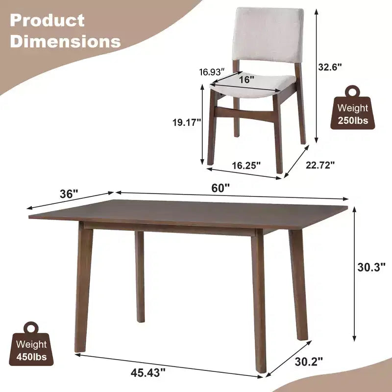 Crawford – Ensemble salle à manger moderne 5 pièces – Table rectangulaire en bois massif et chaises rembourrées en lin – Sanzelize Design