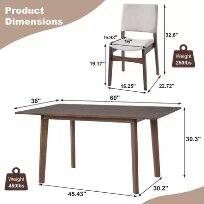 Crawford – Ensemble salle à manger moderne 5 pièces – Table rectangulaire en bois massif et chaises rembourrées en lin – Sanzelize Design