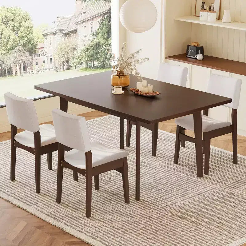 Crawford – Ensemble salle à manger moderne 5 pièces – Table rectangulaire en bois massif et chaises rembourrées en lin – Sanzelize Design