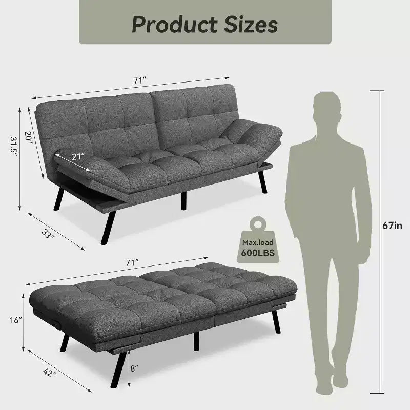 Canapé-futon 180 cm en mousse à mémoire de forme avec coussin détachable, canapé-lit futon convertible – Sanzelize Design