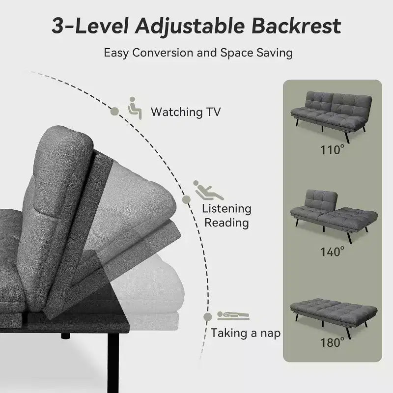 Canapé-futon 180 cm en mousse à mémoire de forme avec coussin détachable, canapé-lit futon convertible – Sanzelize Design