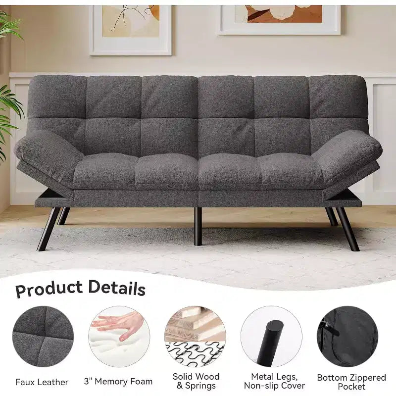 Canapé-futon 180 cm en mousse à mémoire de forme avec coussin détachable, canapé-lit futon convertible – Sanzelize Design