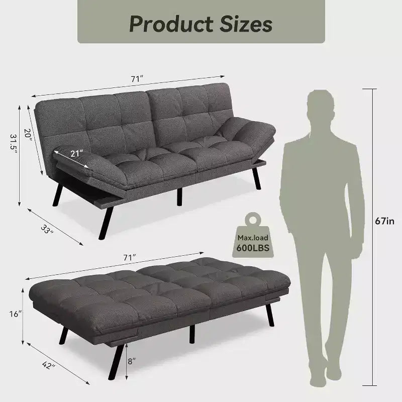 Canapé-futon 180 cm en mousse à mémoire de forme avec coussin détachable, canapé-lit futon convertible – Sanzelize Design