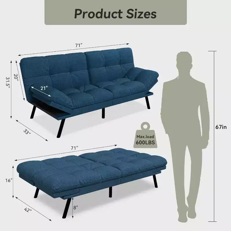 Canapé-futon 180 cm en mousse à mémoire de forme avec coussin détachable, canapé-lit futon convertible – Sanzelize Design