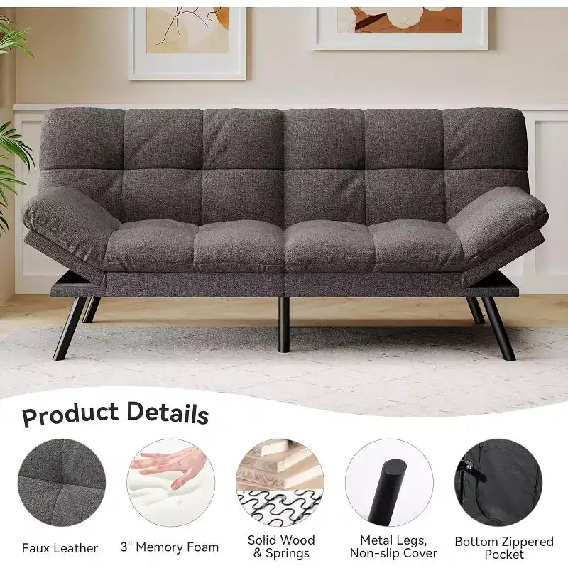 Canapé-futon 180 cm en mousse à mémoire de forme avec coussin détachable, canapé-lit futon convertible – Sanzelize Design