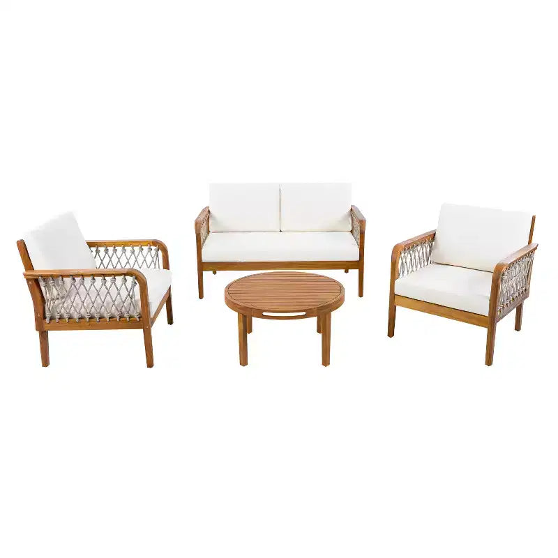 Yuna Ensemble de salon d'extérieur 4 pièces en bois d'acacia style rustique avec table ronde à lattes – Sanzelize Design