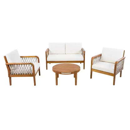 Yuna Ensemble de salon d'extérieur 4 pièces en bois d'acacia style rustique avec table ronde à lattes – Sanzelize Design