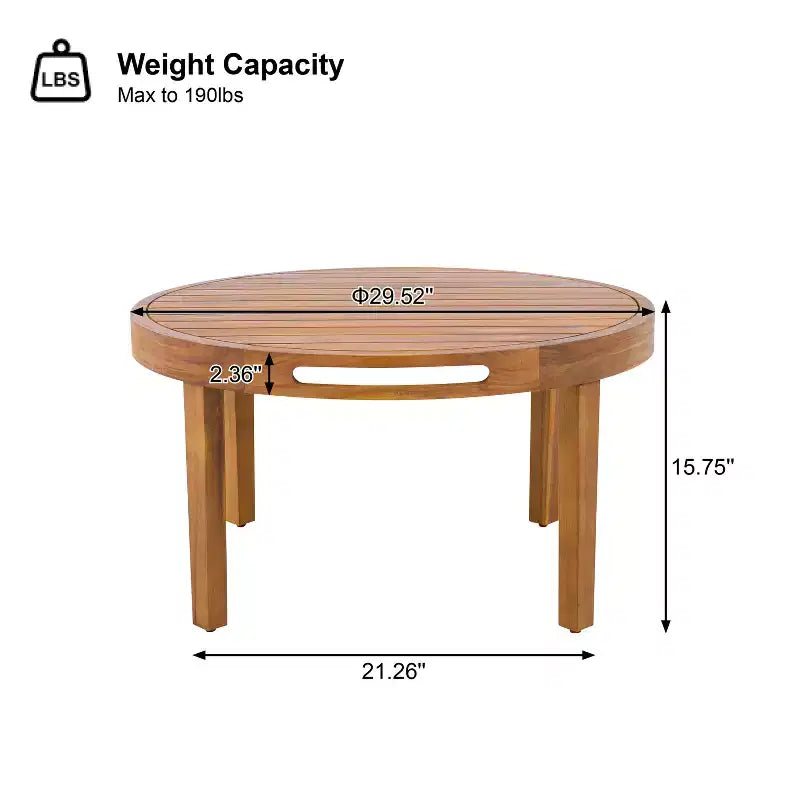 Yuna Ensemble de salon d'extérieur 4 pièces en bois d'acacia style rustique avec table ronde à lattes – Sanzelize Design