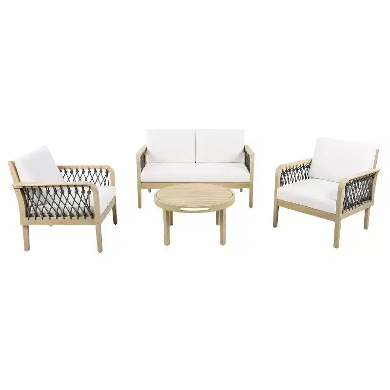 Yuna Ensemble de salon d'extérieur 4 pièces en bois d'acacia style rustique avec table ronde à lattes – Sanzelize Design