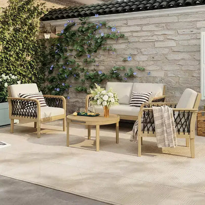 Yuna Ensemble de salon d'extérieur 4 pièces en bois d'acacia style rustique avec table ronde à lattes – Sanzelize Design