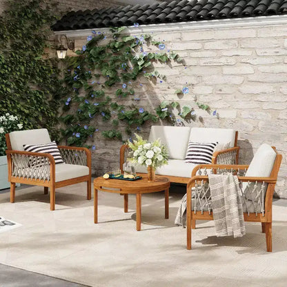 Yuna Ensemble de salon d'extérieur 4 pièces en bois d'acacia style rustique avec table ronde à lattes – Sanzelize Design