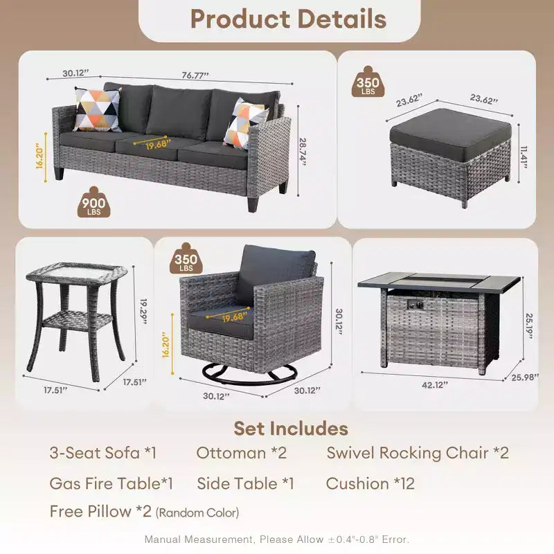 Ensemble de 7 pièces avec chaises pivotantes et table brasero, résistant aux intempéries – Sanzelize Design