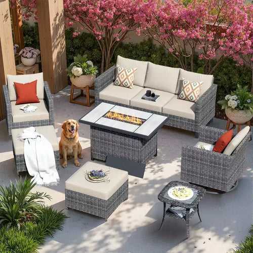 Ensemble de 7 pièces avec chaises pivotantes et table brasero, résistant aux intempéries – Sanzelize Design