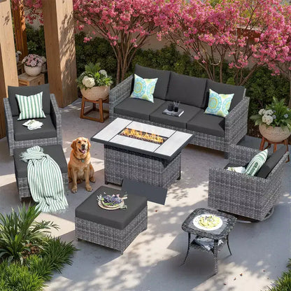 Ensemble de 7 pièces avec chaises pivotantes et table brasero, résistant aux intempéries – Sanzelize Design