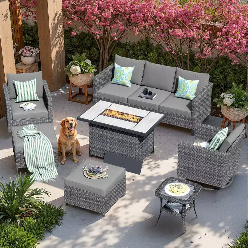 Ensemble de 7 pièces avec chaises pivotantes et table brasero, résistant aux intempéries – Sanzelize Design