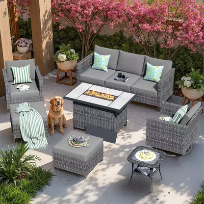 Ensemble de 7 pièces avec chaises pivotantes et table brasero, résistant aux intempéries – Sanzelize Design