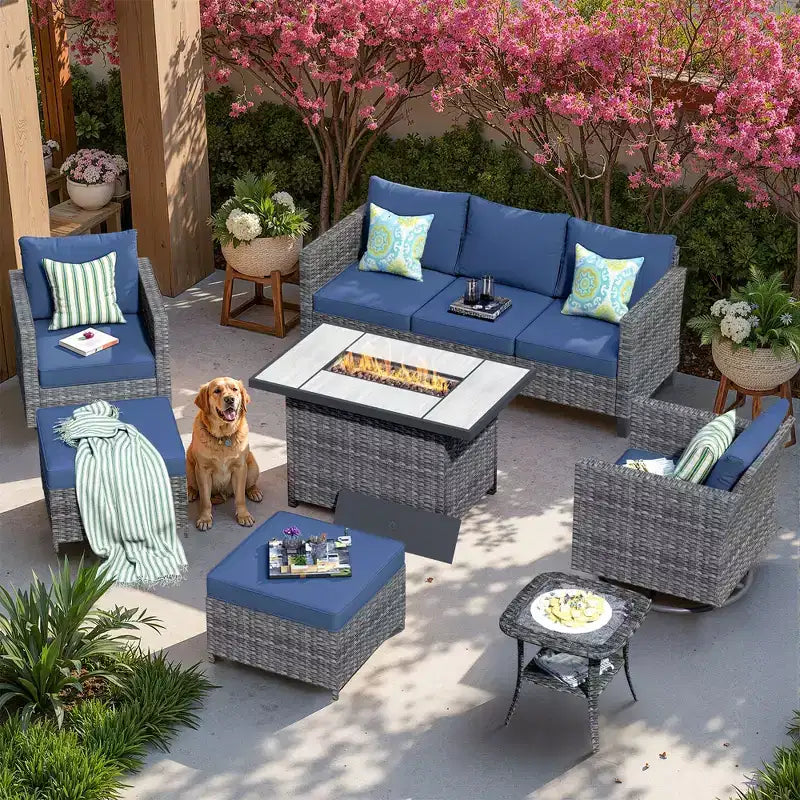Ensemble de 7 pièces avec chaises pivotantes et table brasero, résistant aux intempéries – Sanzelize Design