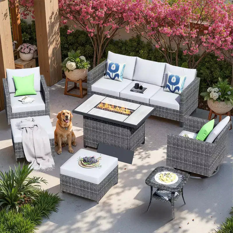 Ensemble de 7 pièces avec chaises pivotantes et table brasero, résistant aux intempéries – Sanzelize Design