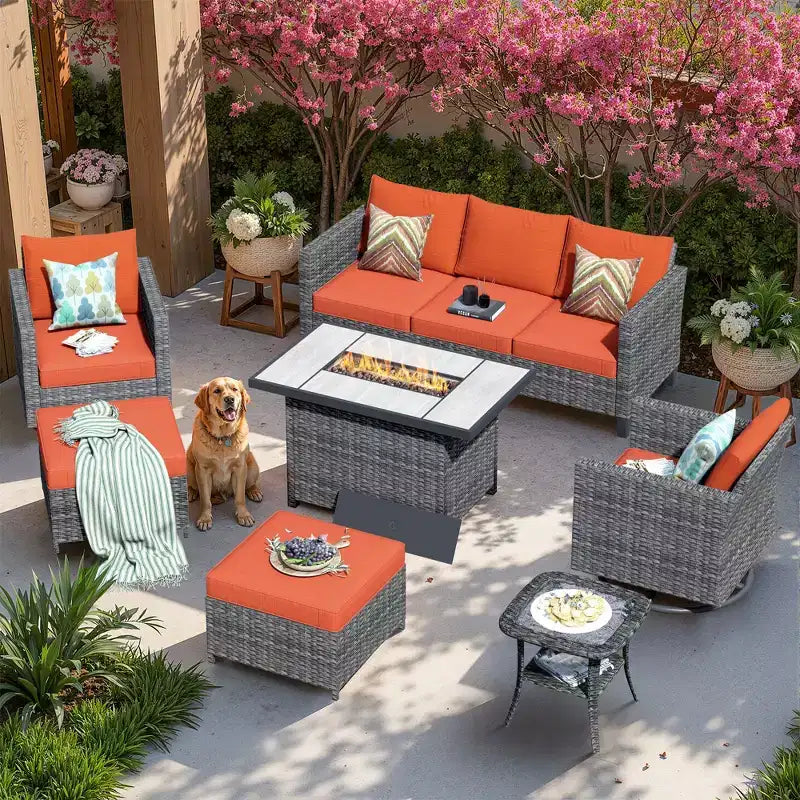 Ensemble de 7 pièces avec chaises pivotantes et table brasero, résistant aux intempéries – Sanzelize Design
