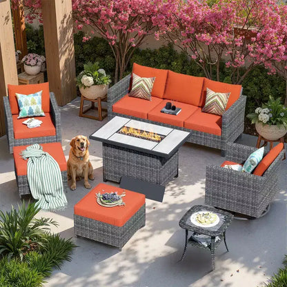 Ensemble de 7 pièces avec chaises pivotantes et table brasero, résistant aux intempéries – Sanzelize Design