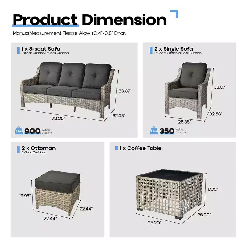 Ensemble de conversation de jardin 6 pièces, canapé 3 places avec coussins, chaises en rotin, poufs, table basse – Sanzelize Design