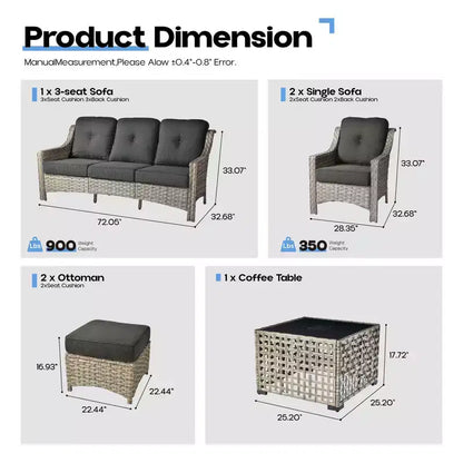 Ensemble de conversation de jardin 6 pièces, canapé 3 places avec coussins, chaises en rotin, poufs, table basse – Sanzelize Design