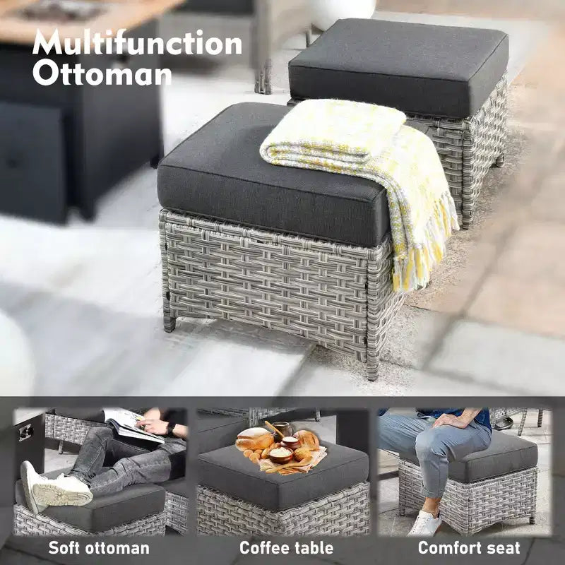 Ensemble de conversation de jardin 6 pièces, canapé 3 places avec coussins, chaises en rotin, poufs, table basse – Sanzelize Design