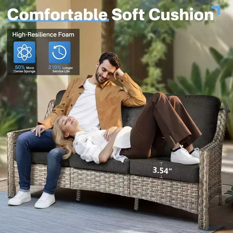 Ensemble de conversation de jardin 6 pièces, canapé 3 places avec coussins, chaises en rotin, poufs, table basse – Sanzelize Design