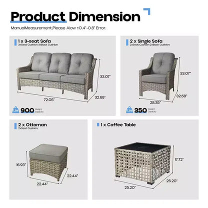 Ensemble de conversation de jardin 6 pièces, canapé 3 places avec coussins, chaises en rotin, poufs, table basse – Sanzelize Design