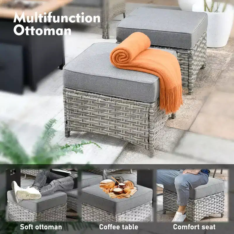 Ensemble de conversation de jardin 6 pièces, canapé 3 places avec coussins, chaises en rotin, poufs, table basse – Sanzelize Design