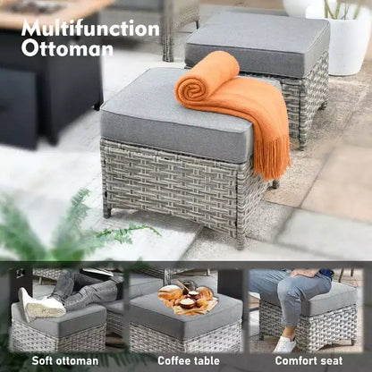 Ensemble de conversation de jardin 6 pièces, canapé 3 places avec coussins, chaises en rotin, poufs, table basse – Sanzelize Design
