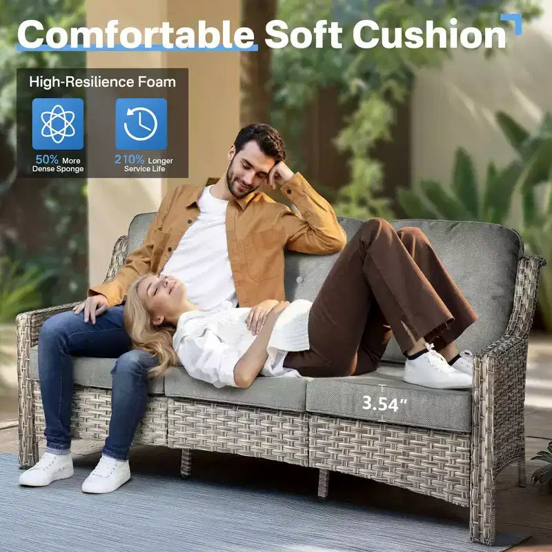 Ensemble de conversation de jardin 6 pièces, canapé 3 places avec coussins, chaises en rotin, poufs, table basse – Sanzelize Design