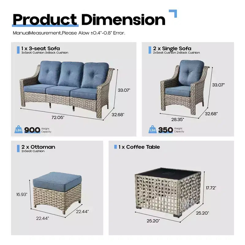 Ensemble de conversation de jardin 6 pièces, canapé 3 places avec coussins, chaises en rotin, poufs, table basse – Sanzelize Design